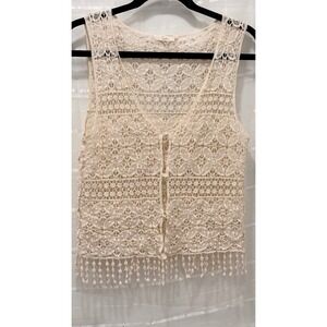 Nabee Cream Crochet Lace Vest Tassel Fringe Boho Sleeveless Button Front Medium